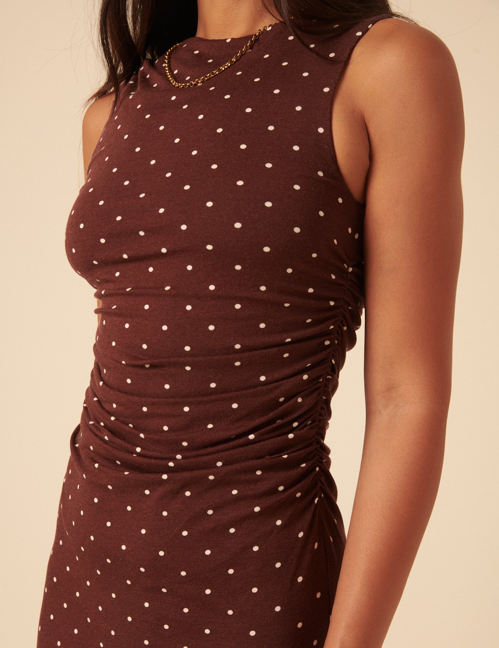 Brown Polka Dot Jersey Draped Laurella Midi Dress