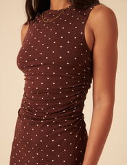 Brown Polka Dot Jersey Draped Laurella Midi Dress