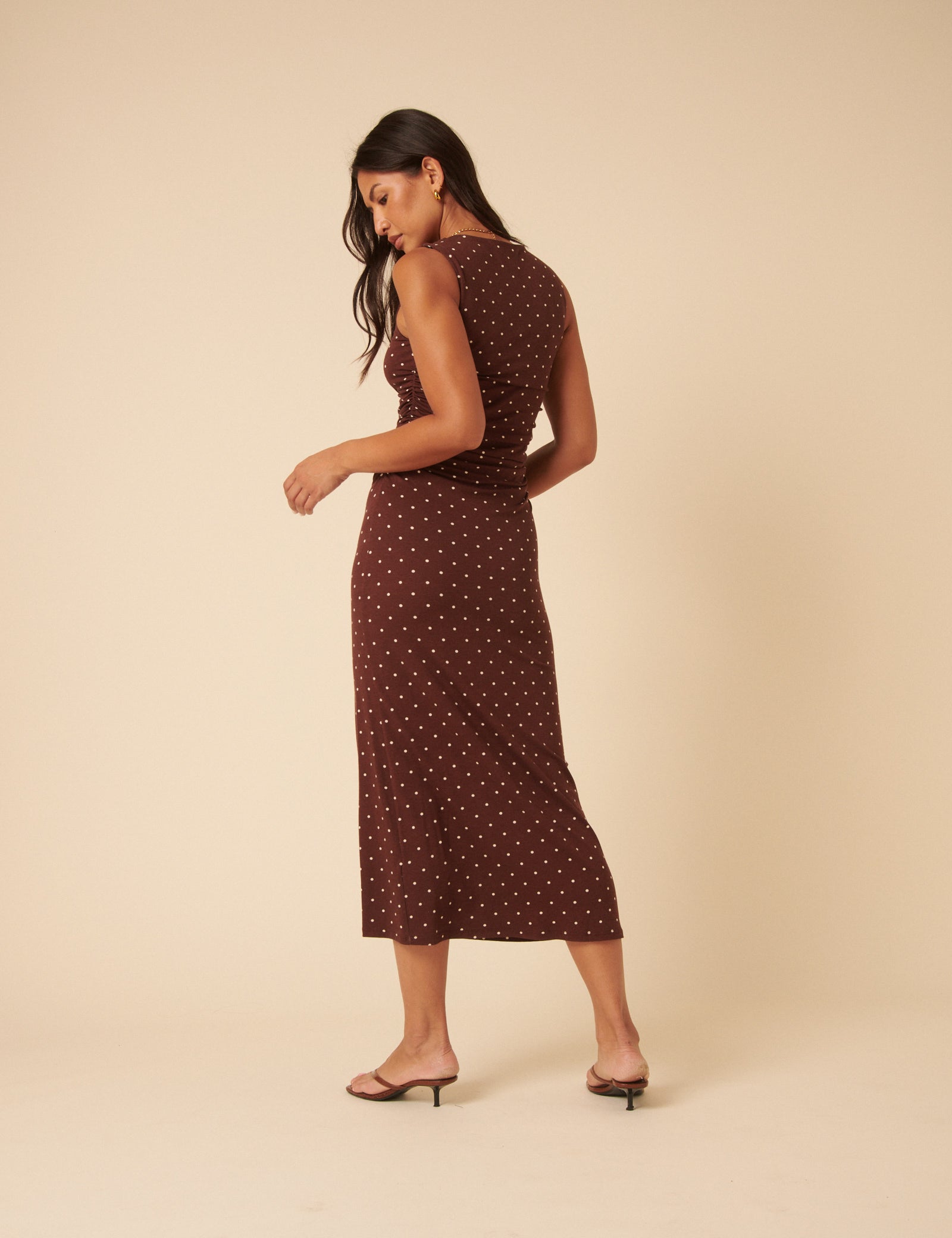 Brown Polka Dot Jersey Draped Laurella Midi Dress