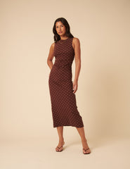 Brown Polka Dot Jersey Draped Laurella Midi Dress