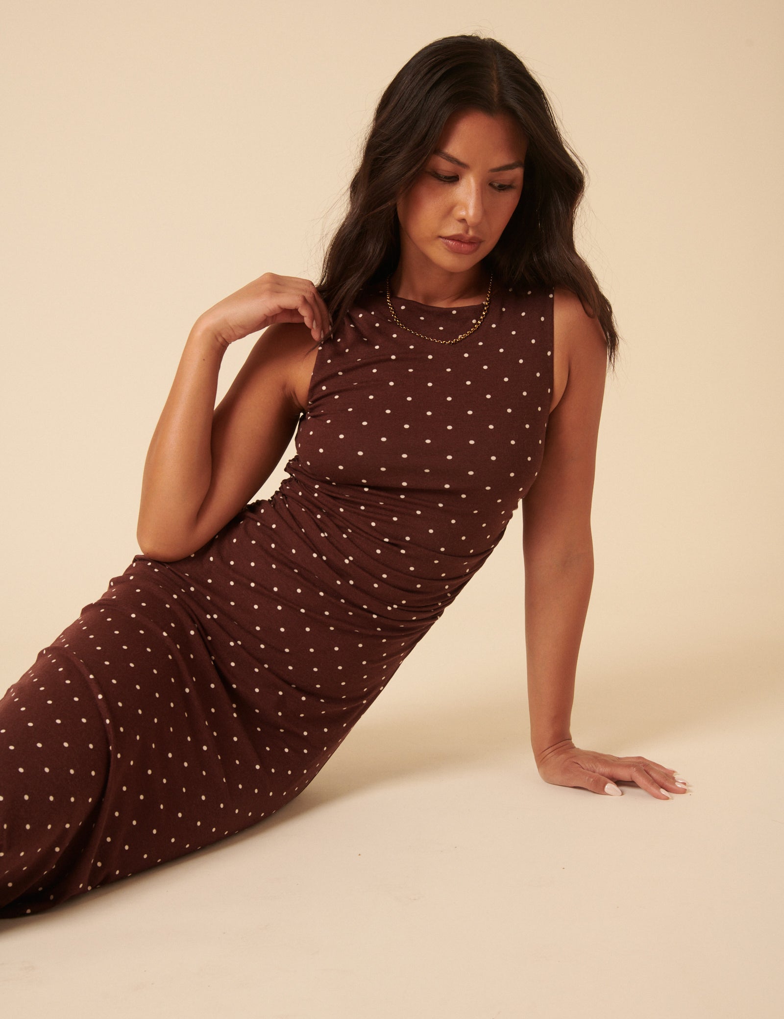 Brown Polka Dot Jersey Draped Laurella Midi Dress