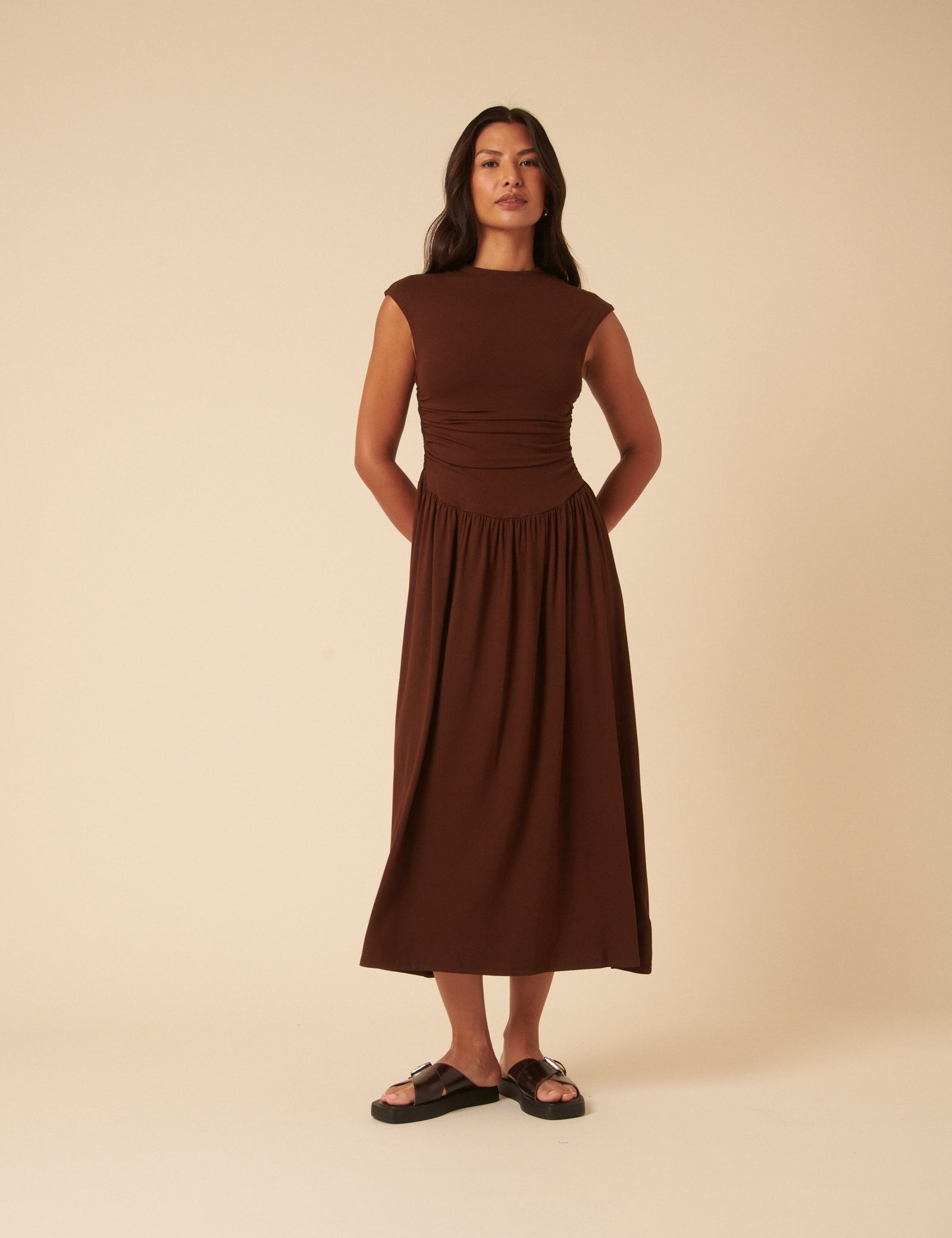 Brown Drop Waist Aubrey Midi Dress