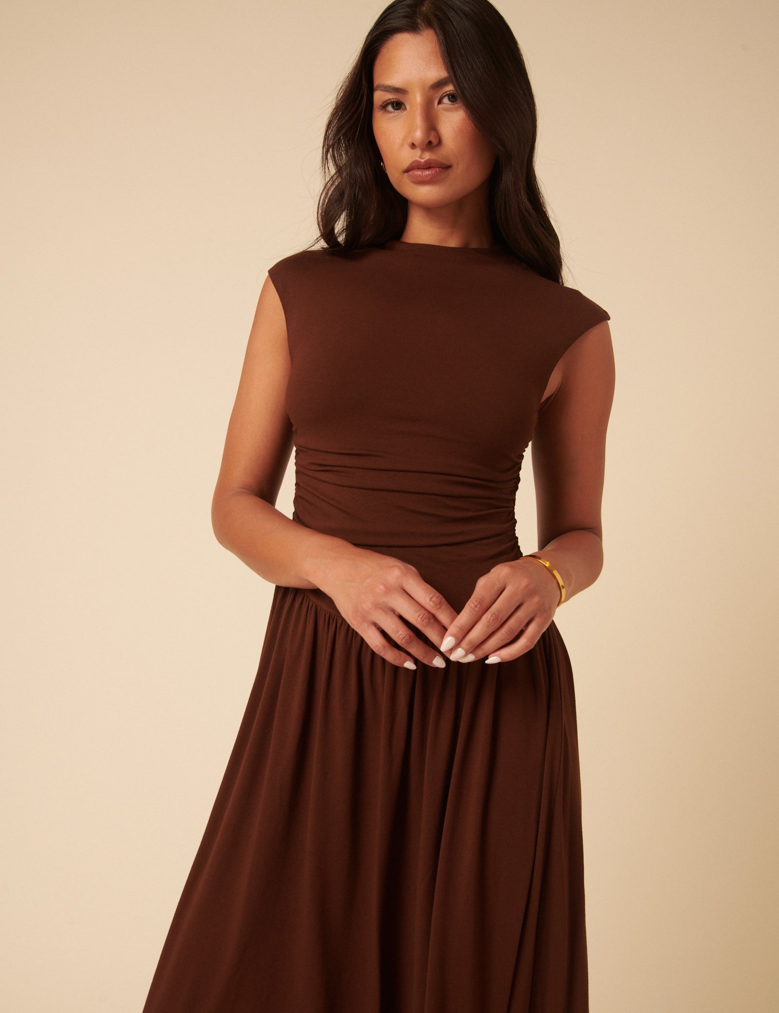 Brown Drop Waist Aubrey Midi Dress