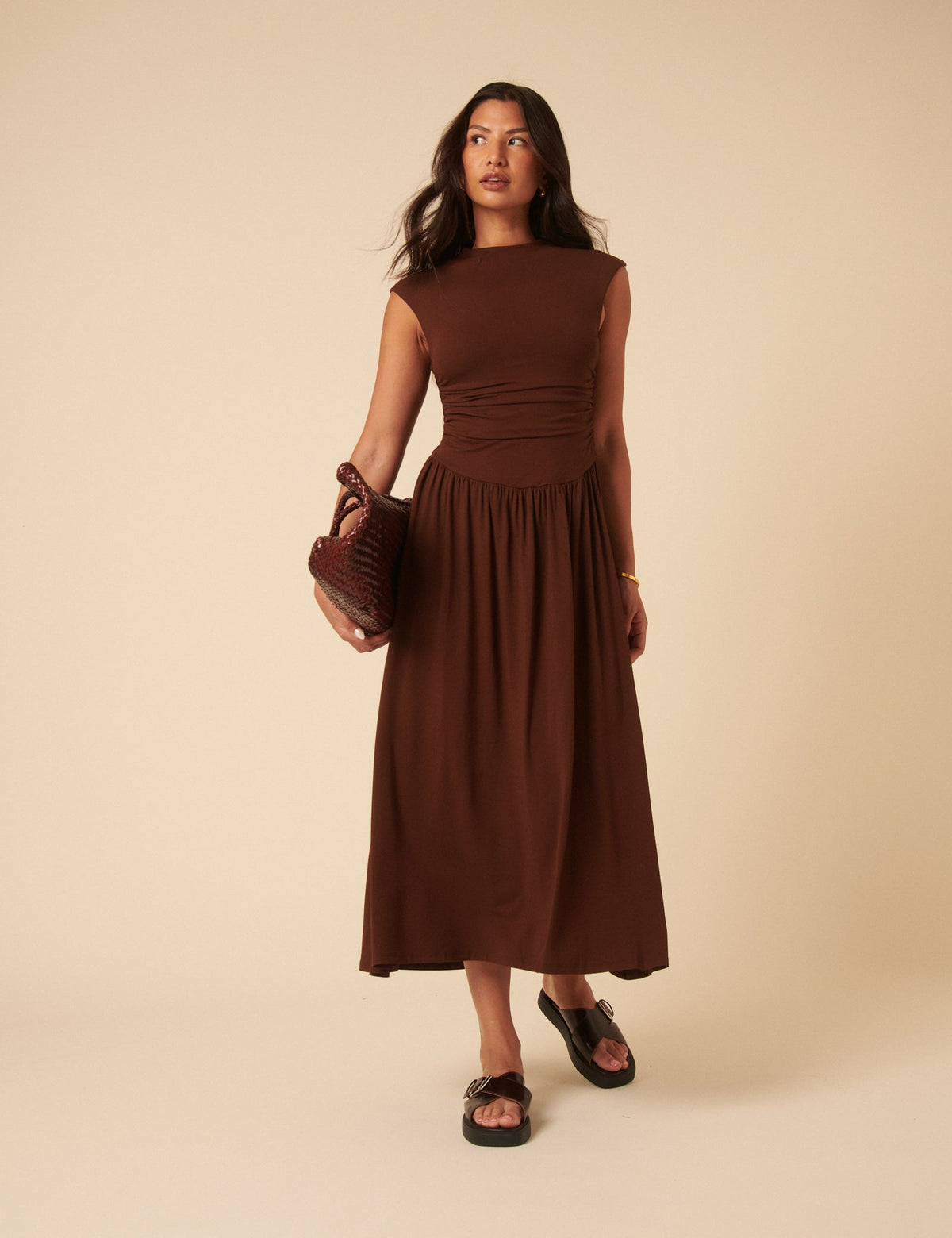 Brown Drop Waist Aubrey Midi Dress