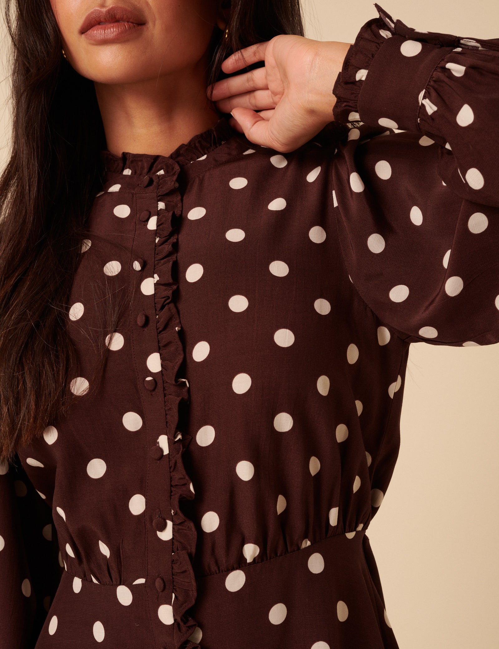 Brown Polka Dot Ruffle Gabi Mini Dress