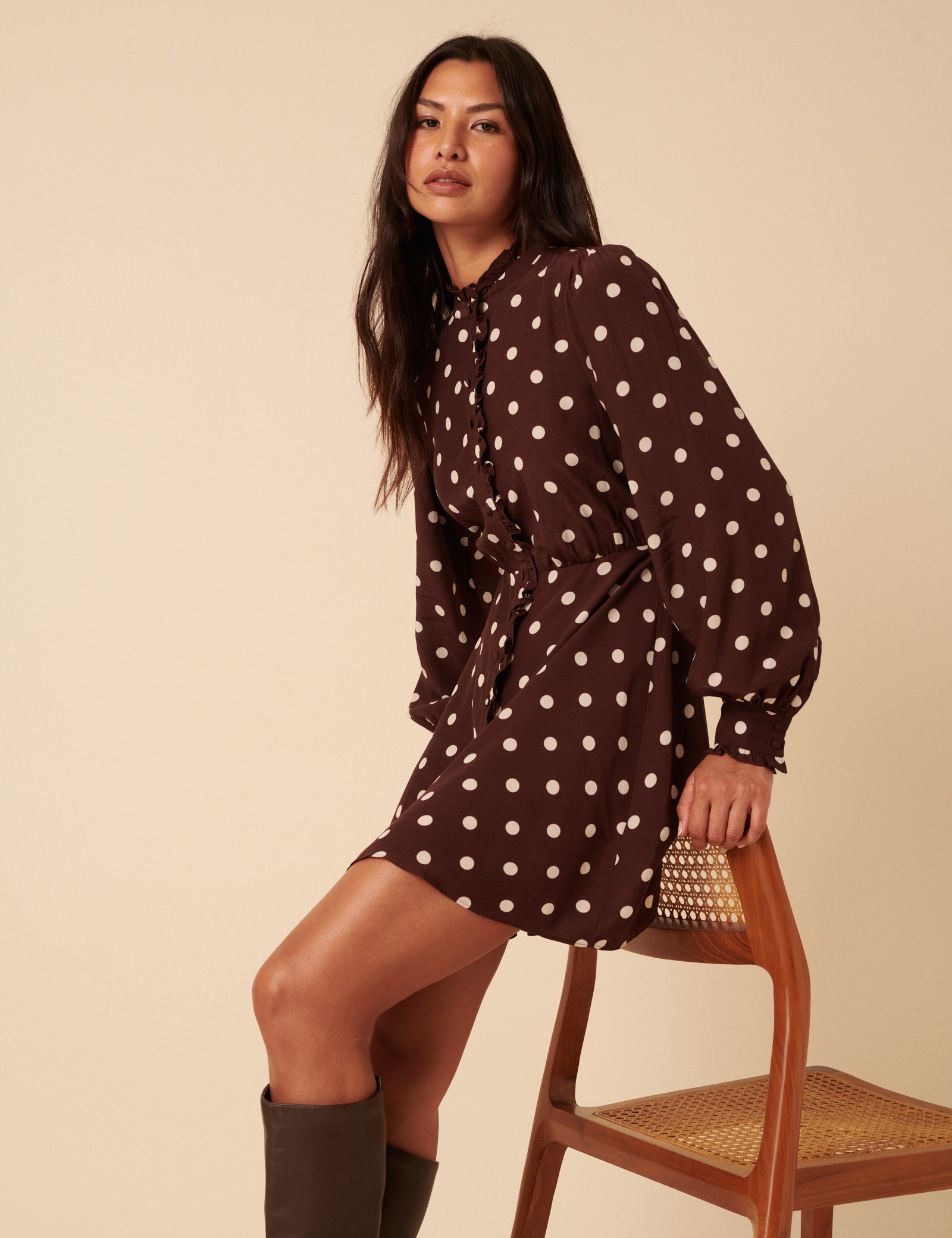 Brown Polka Dot Ruffle Gabi Mini Dress