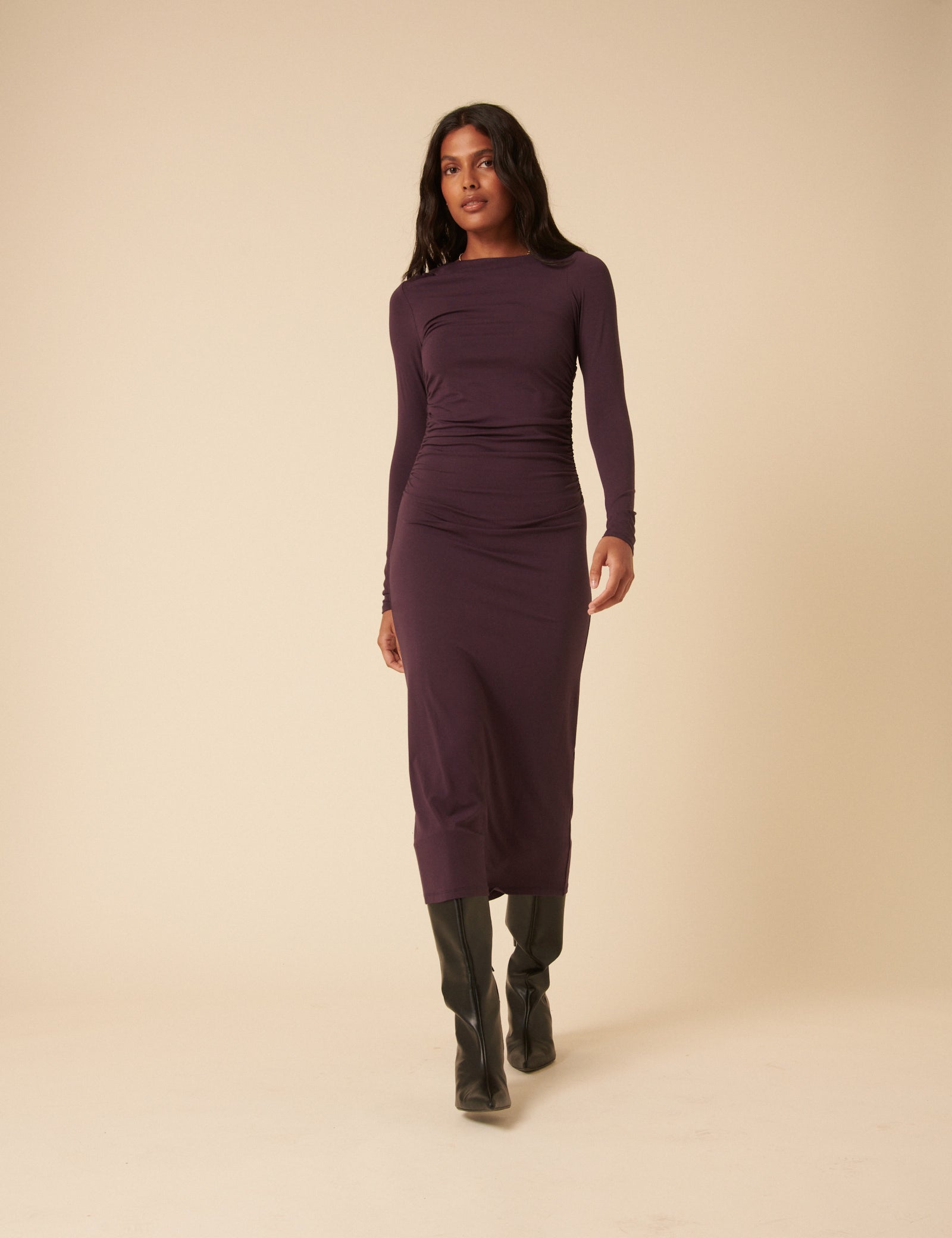 Purple Jersey Draped Laurella Midi Dress