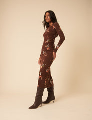 Brown Floral Jersey Draped Laurella Midi Dress
