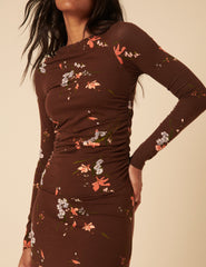 Brown Floral Jersey Draped Laurella Midi Dress