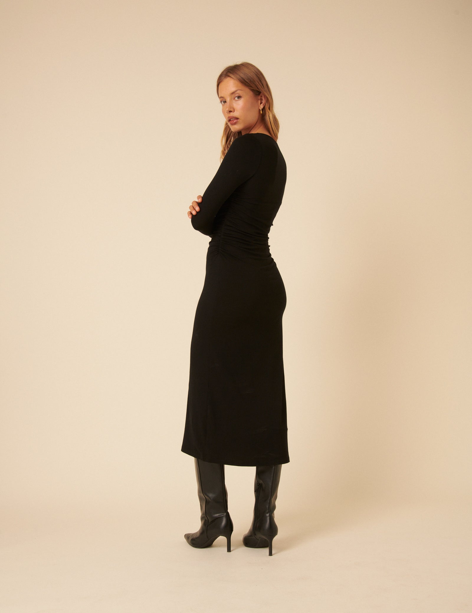 Black Jersey Draped Laurella Midi Dress