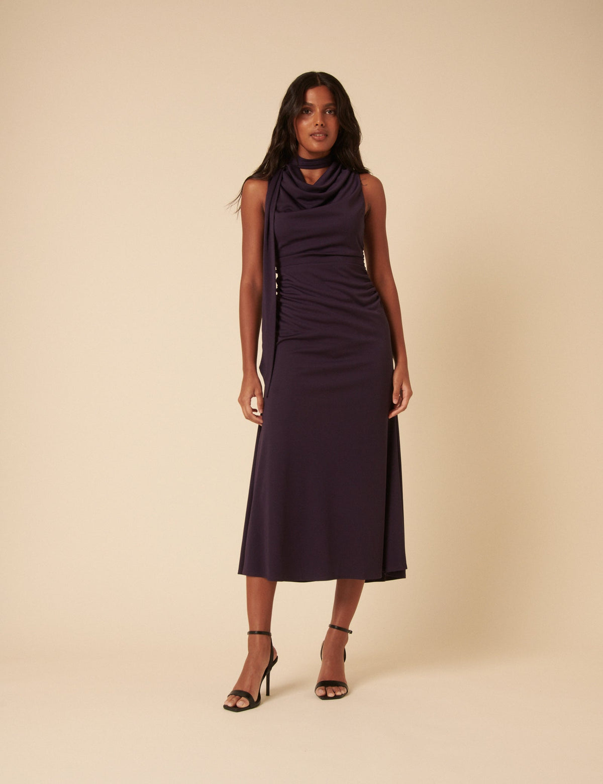 Purple Heavy Mesh Scarf Neck Detail Seren Midi Dress