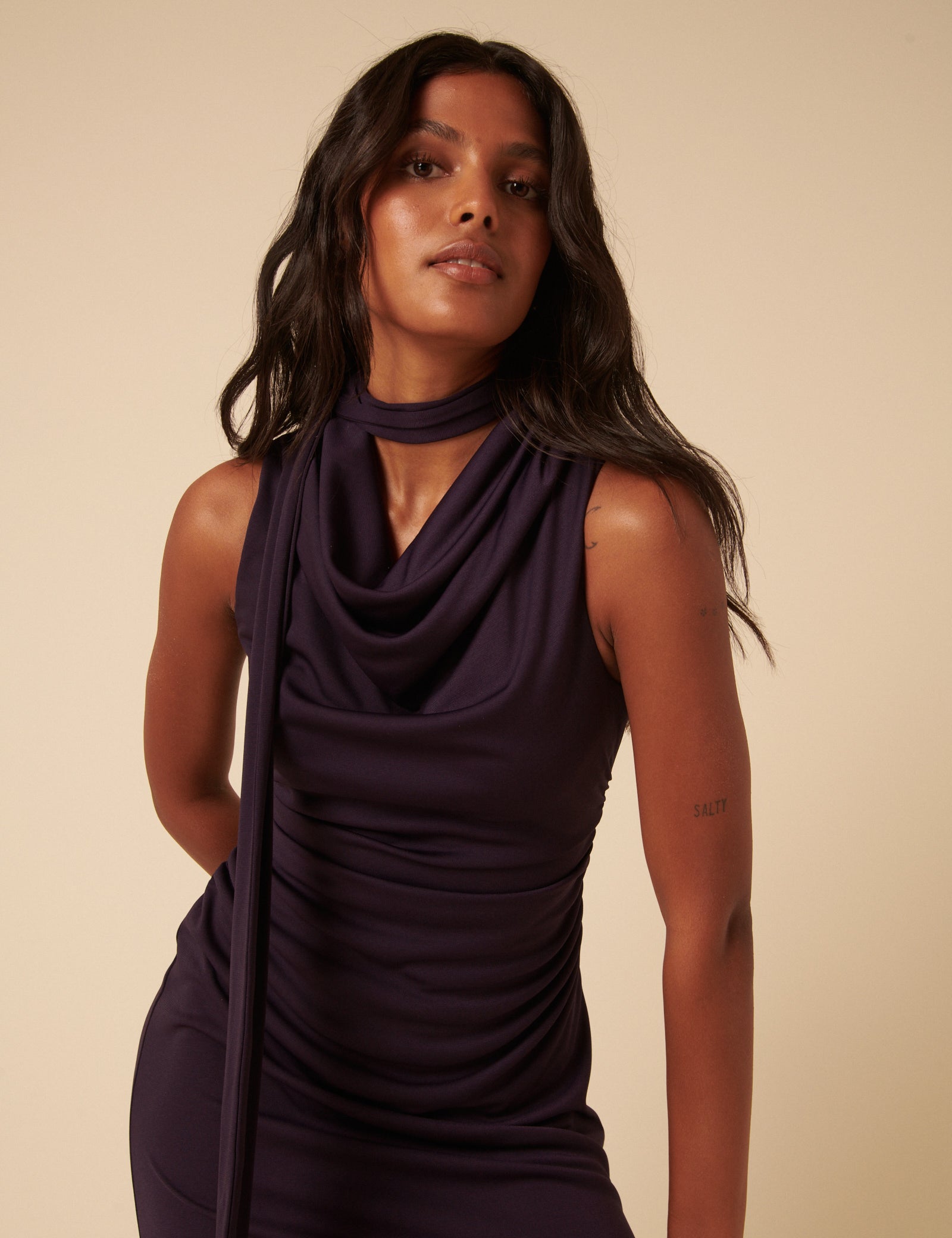 Purple Heavy Mesh Scarf Neck Detail Seren Midi Dress
