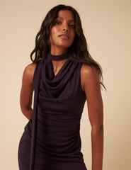 Purple Heavy Mesh Scarf Neck Detail Seren Midi Dress