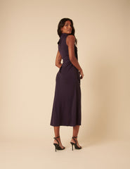 Purple Heavy Mesh Scarf Neck Detail Seren Midi Dress