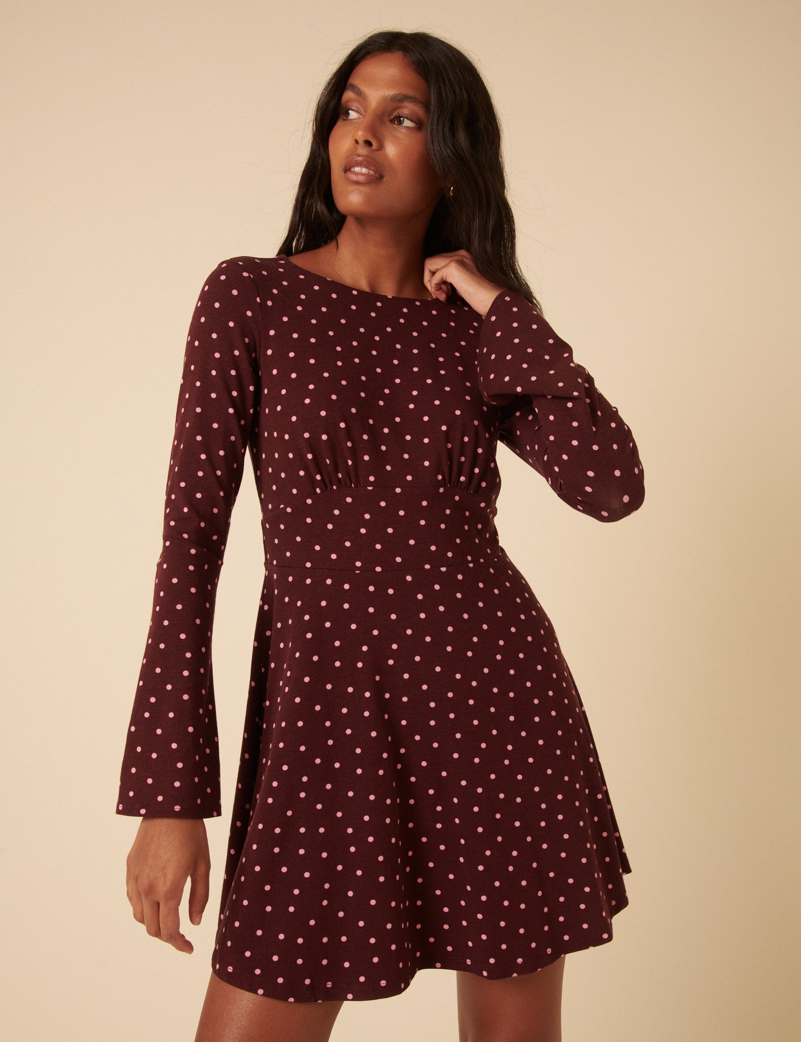 Burgundy Polka Dot Jersey Boat Neck Tate Mini Dress