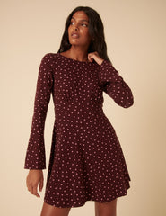 Burgundy Polka Dot Jersey Boat Neck Tate Mini Dress