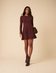 Burgundy Polka Dot Jersey Boat Neck Tate Mini Dress