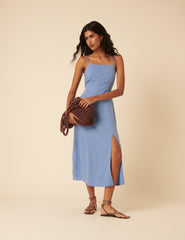 Blue Linen-blend Maddie Midi Dress