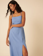 Blue Linen-blend Maddie Midi Dress