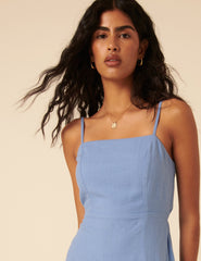 Blue Linen-blend Maddie Midi Dress