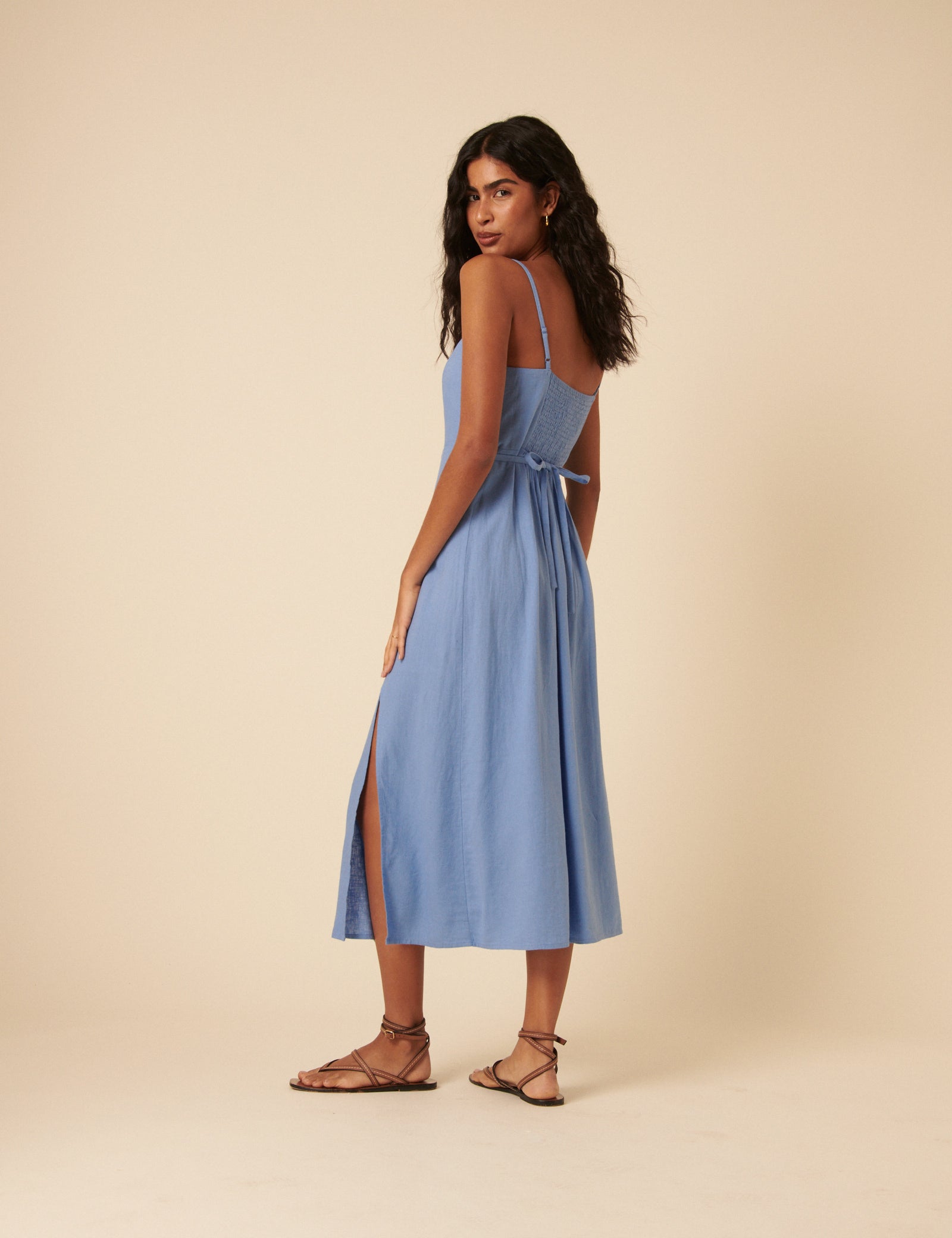 Blue Linen-blend Maddie Midi Dress