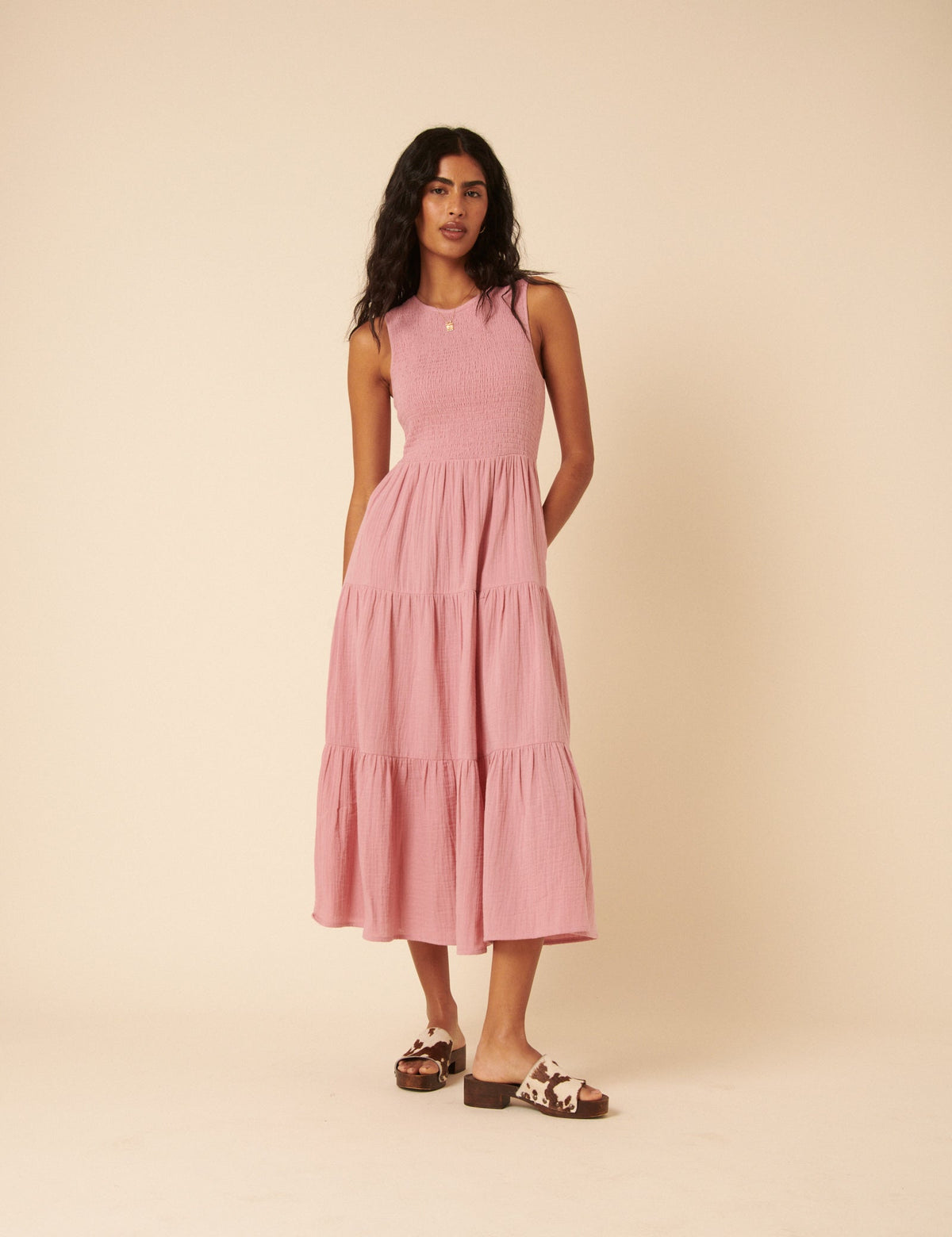 Pink Sleeveless Tiered Charlie Midi Dress