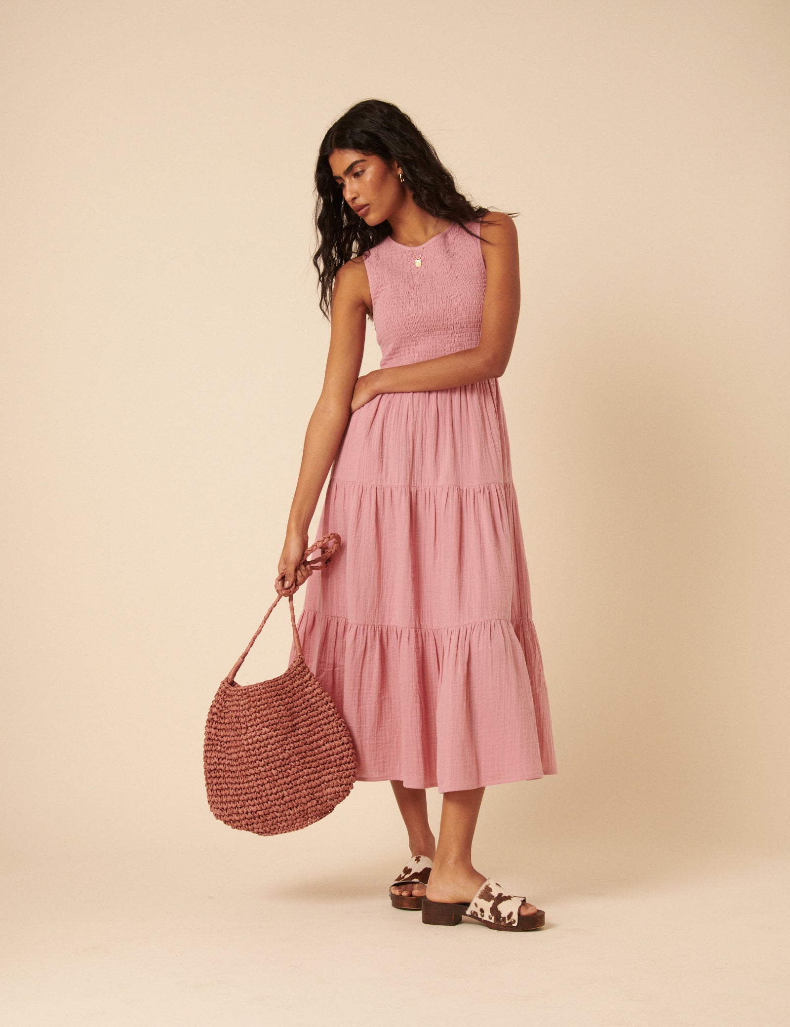Pink Sleeveless Tiered Charlie Midi Dress