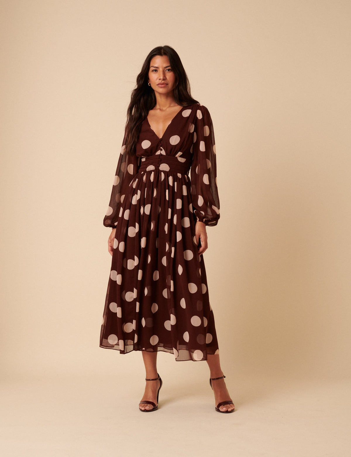 Brown Polka Dot Balloon Sleeve Anya Midi Dress