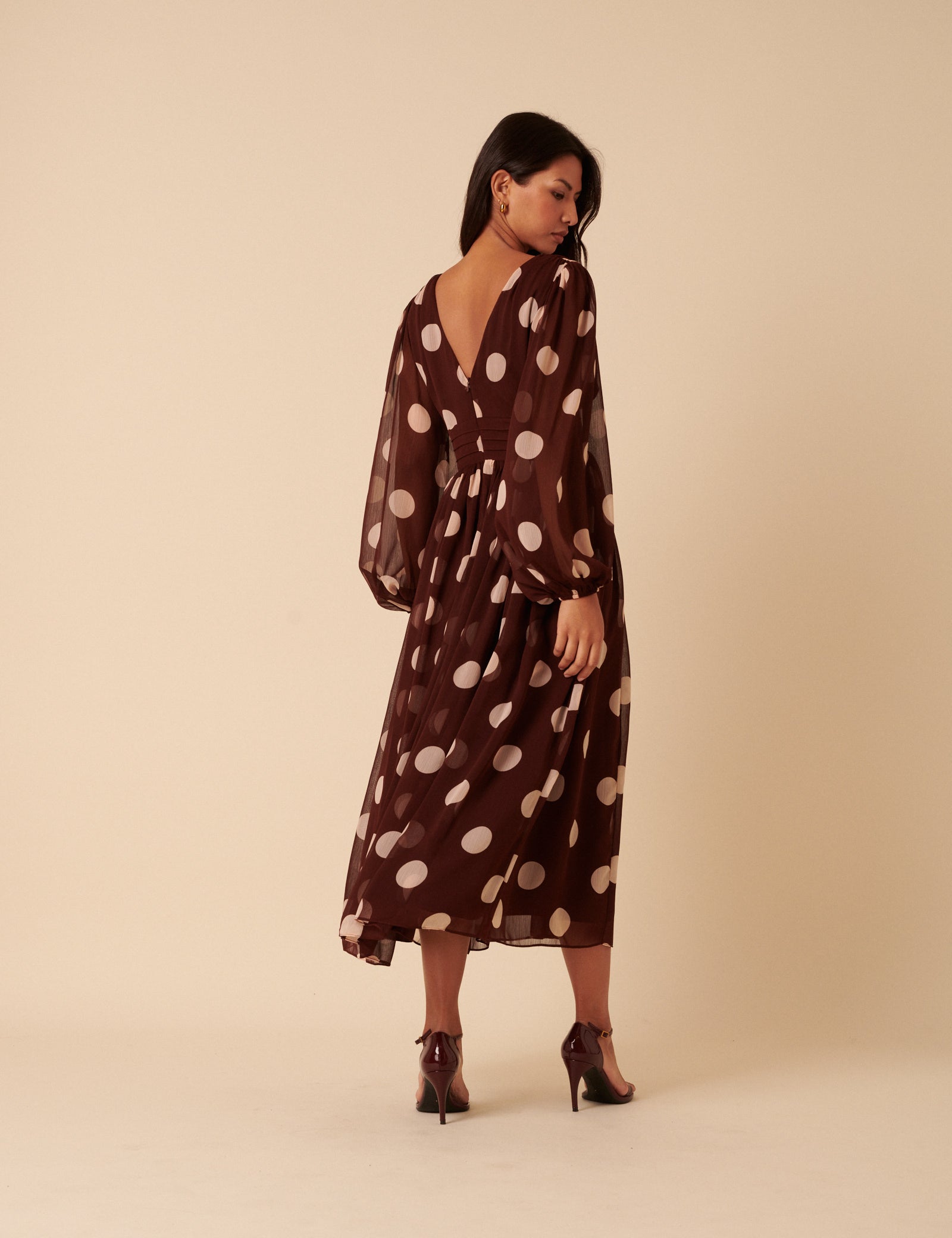 Brown Polka Dot Balloon Sleeve Anya Midi Dress