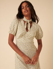Cream Ditsy Floral Tie Neck Sadie Midi Dress