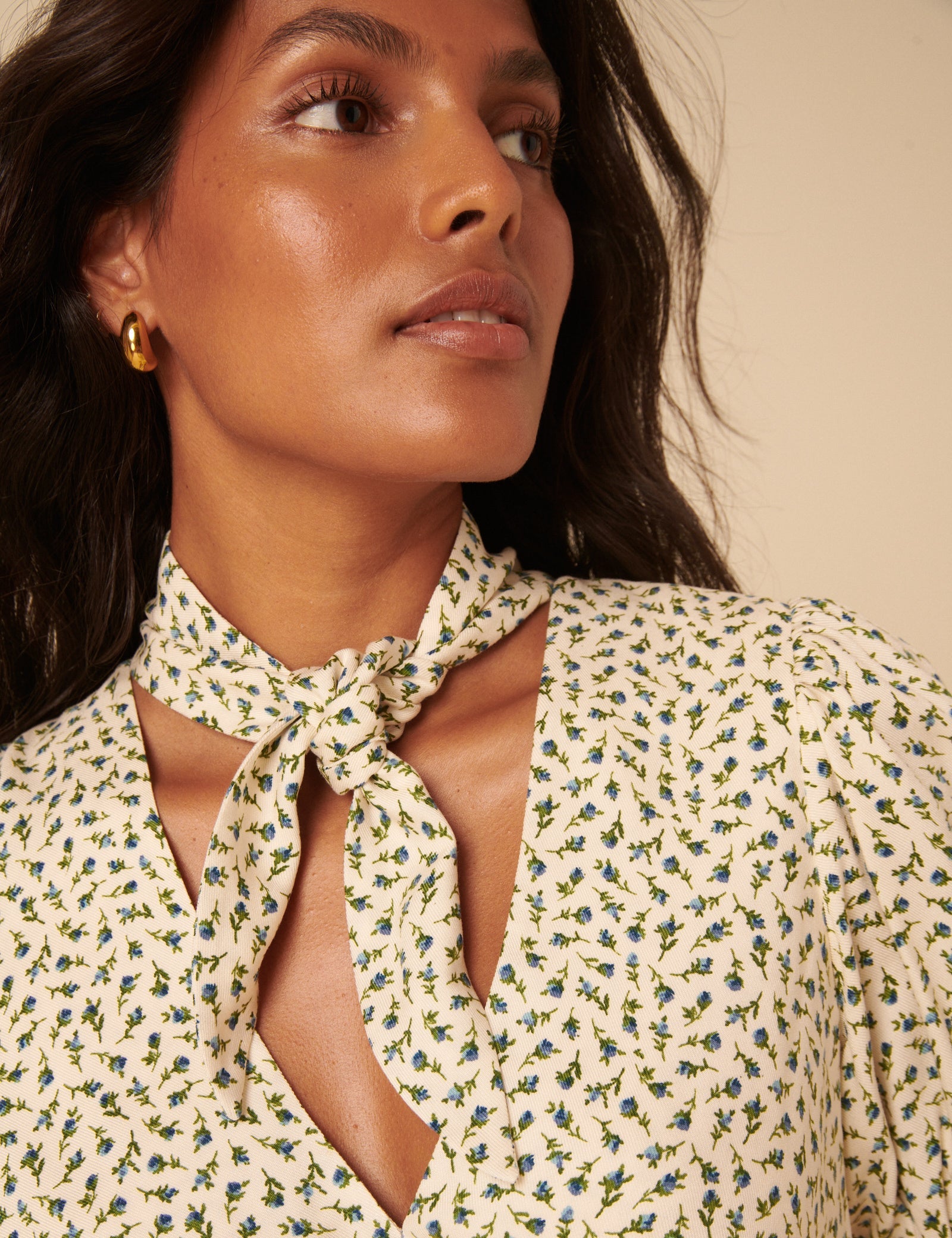 Cream Ditsy Floral Tie Neck Sadie Midi Dress