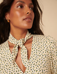 Cream Ditsy Floral Tie Neck Sadie Midi Dress