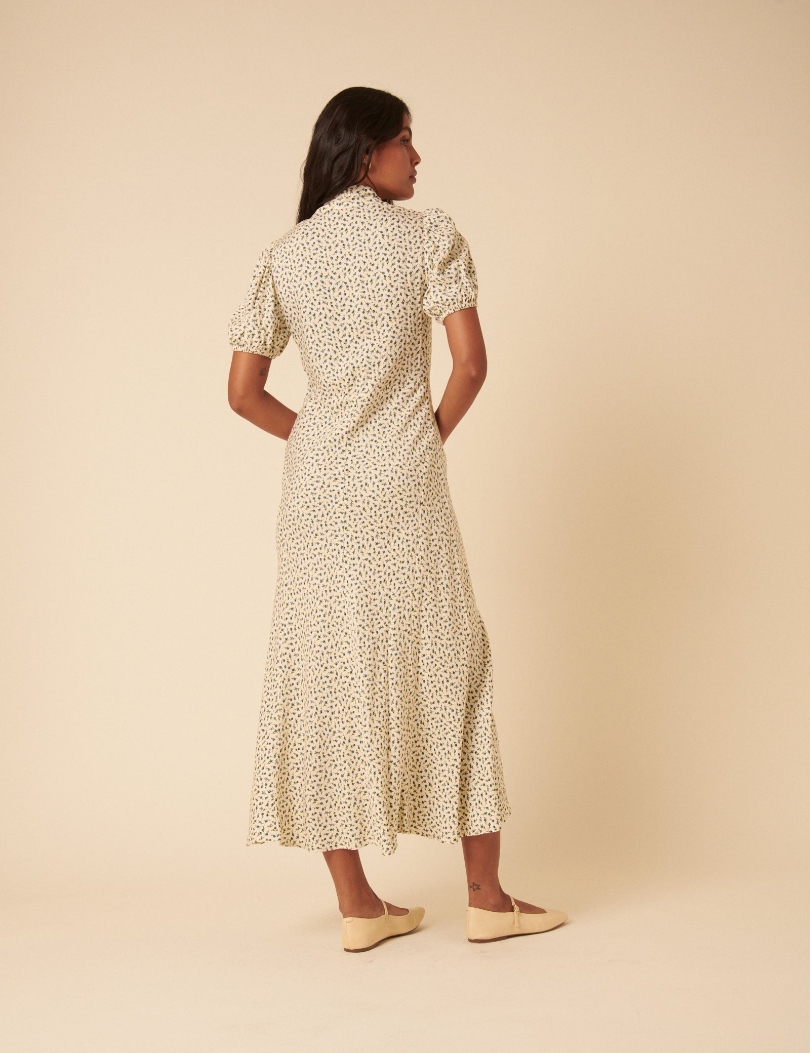 Cream Ditsy Floral Tie Neck Sadie Midi Dress