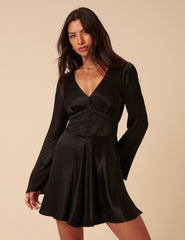 Black Satin Long Sleeve Stella Mini Dress