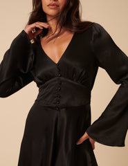 Black Satin Long Sleeve Stella Mini Dress