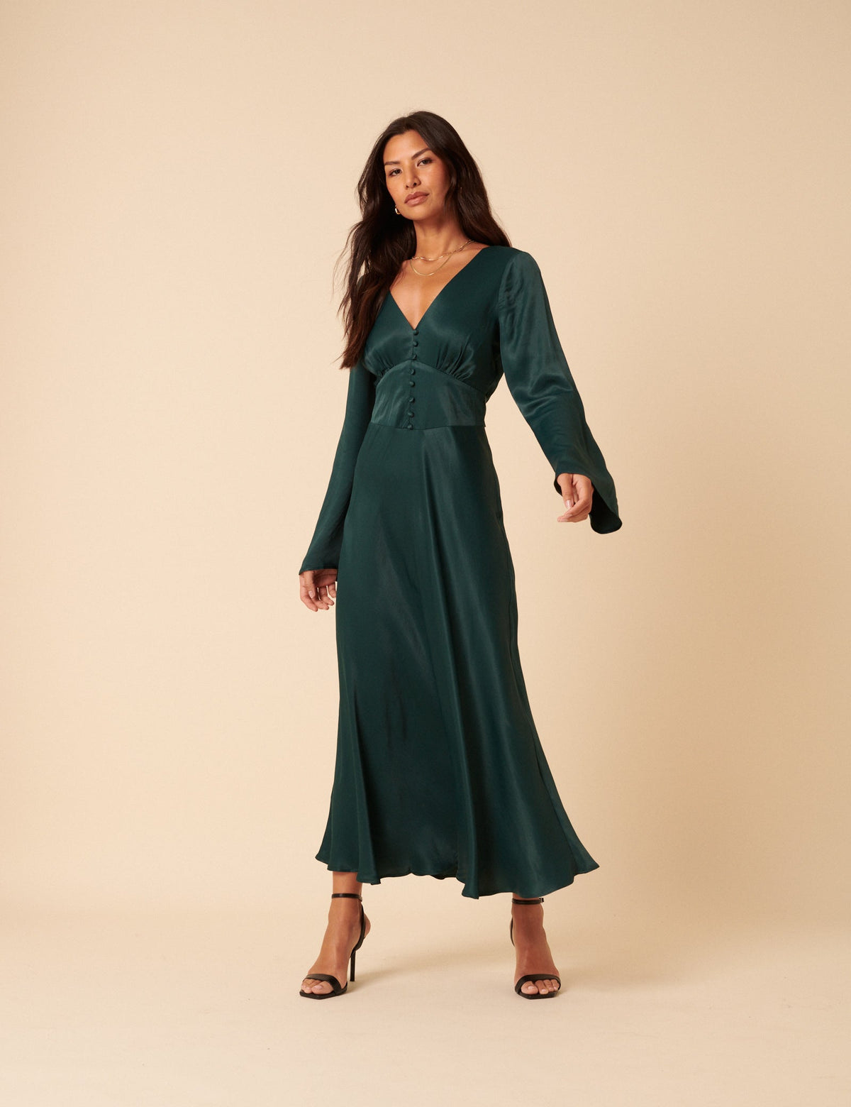 Forest Green Satin Long Sleeve Stella Midi Dress