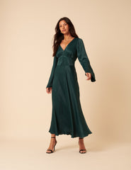 Forest Green Satin Long Sleeve Stella Midi Dress