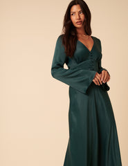 Forest Green Satin Long Sleeve Stella Midi Dress