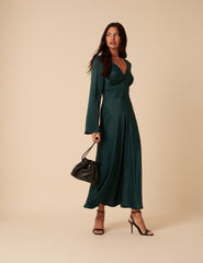 Forest Green Satin Long Sleeve Stella Midi Dress