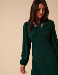 Forest Green Satin Balloon Sleeve Tie Neck Sadie Midi Dress
