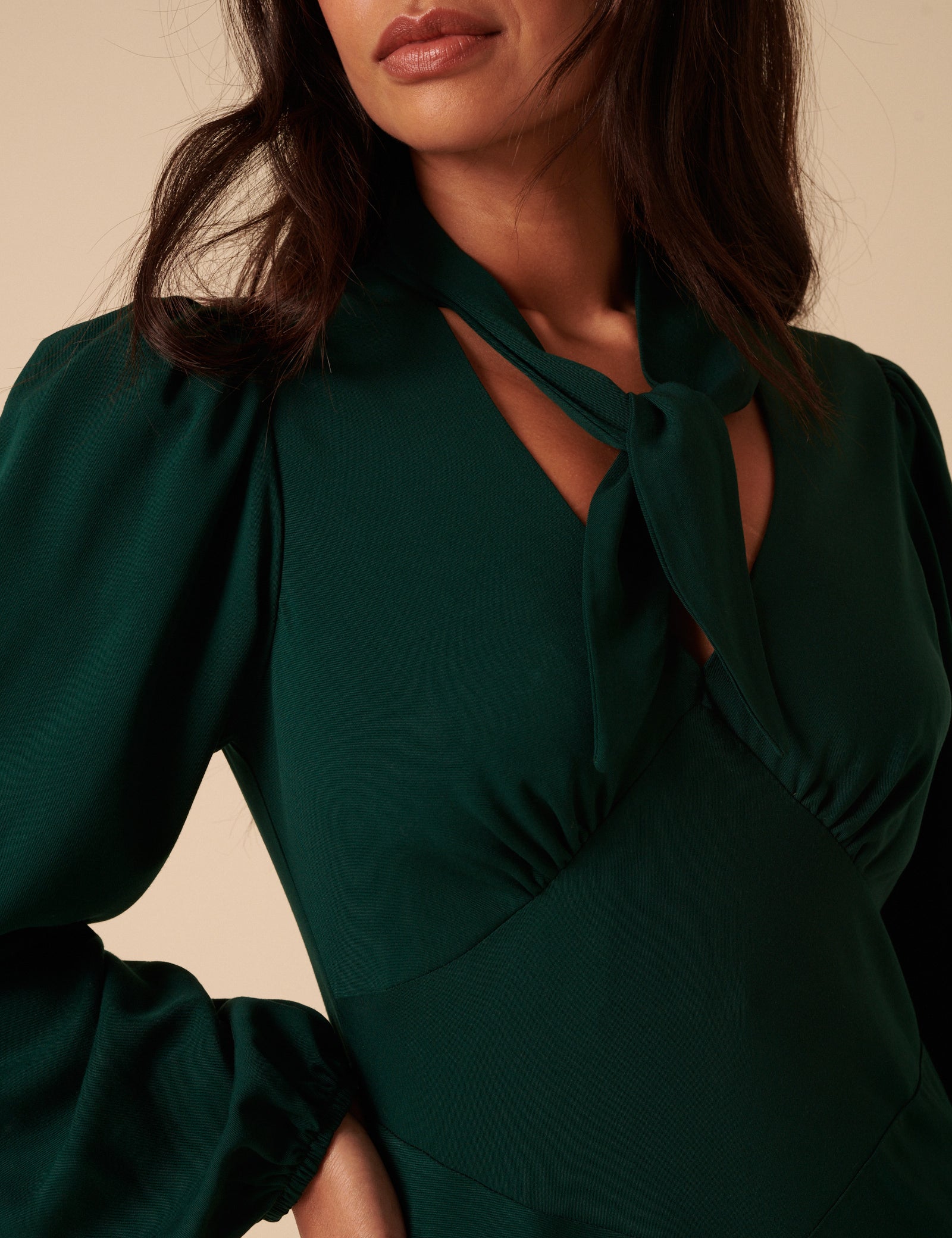 Forest Green Satin Balloon Sleeve Tie Neck Sadie Midi Dress