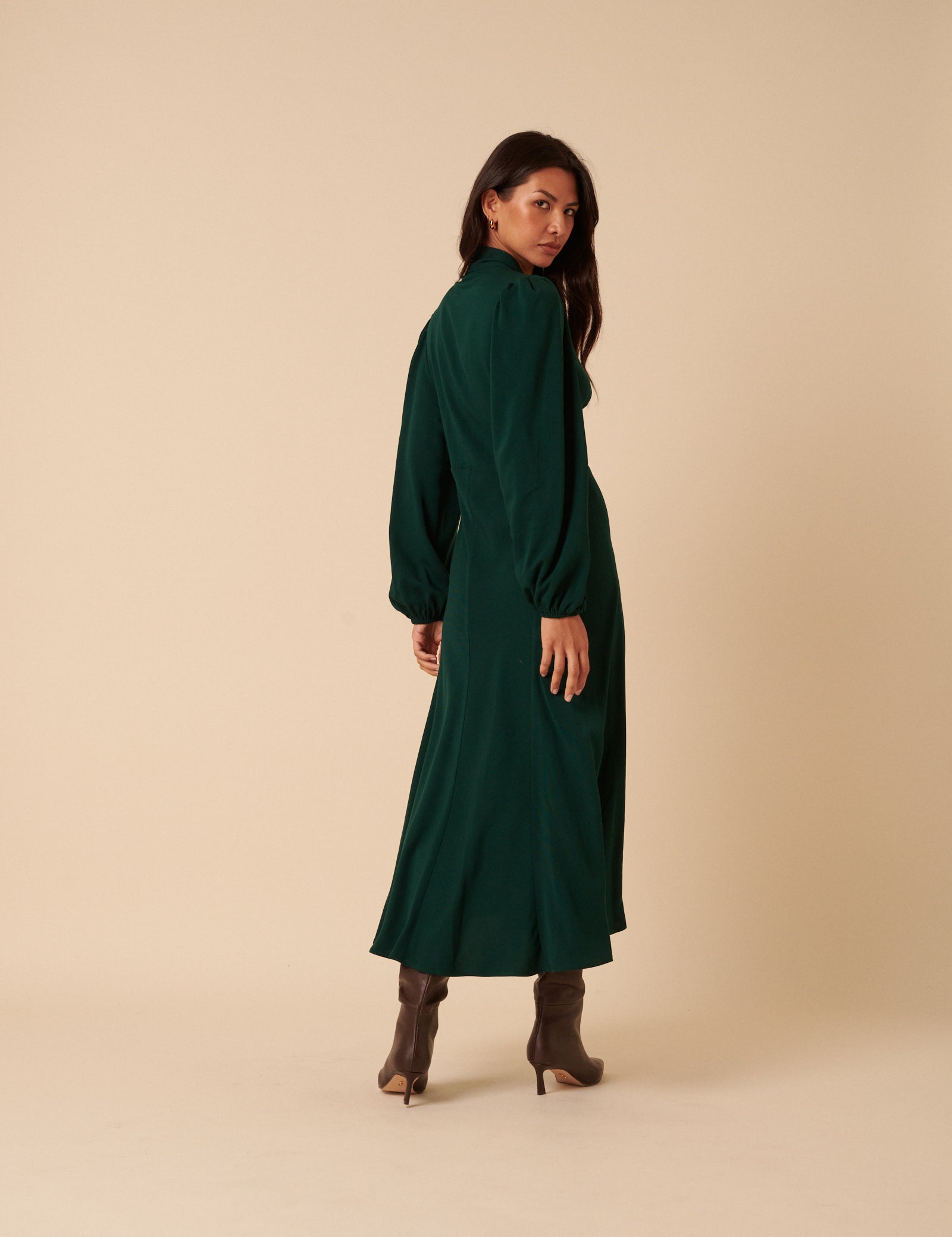Forest Green Satin Balloon Sleeve Tie Neck Sadie Midi Dress
