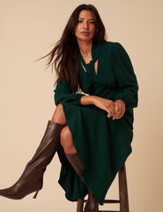 Forest Green Satin Balloon Sleeve Tie Neck Sadie Midi Dress