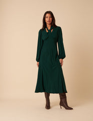 Forest Green Satin Balloon Sleeve Tie Neck Sadie Midi Dress