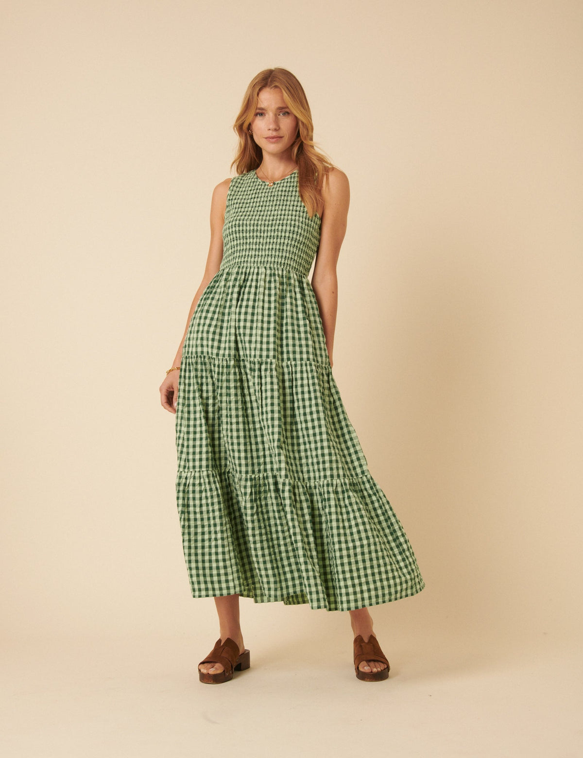 Green Gingham Sleeveless Tiered Charlie Midi Dress