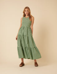 Green Gingham Sleeveless Tiered Charlie Midi Dress