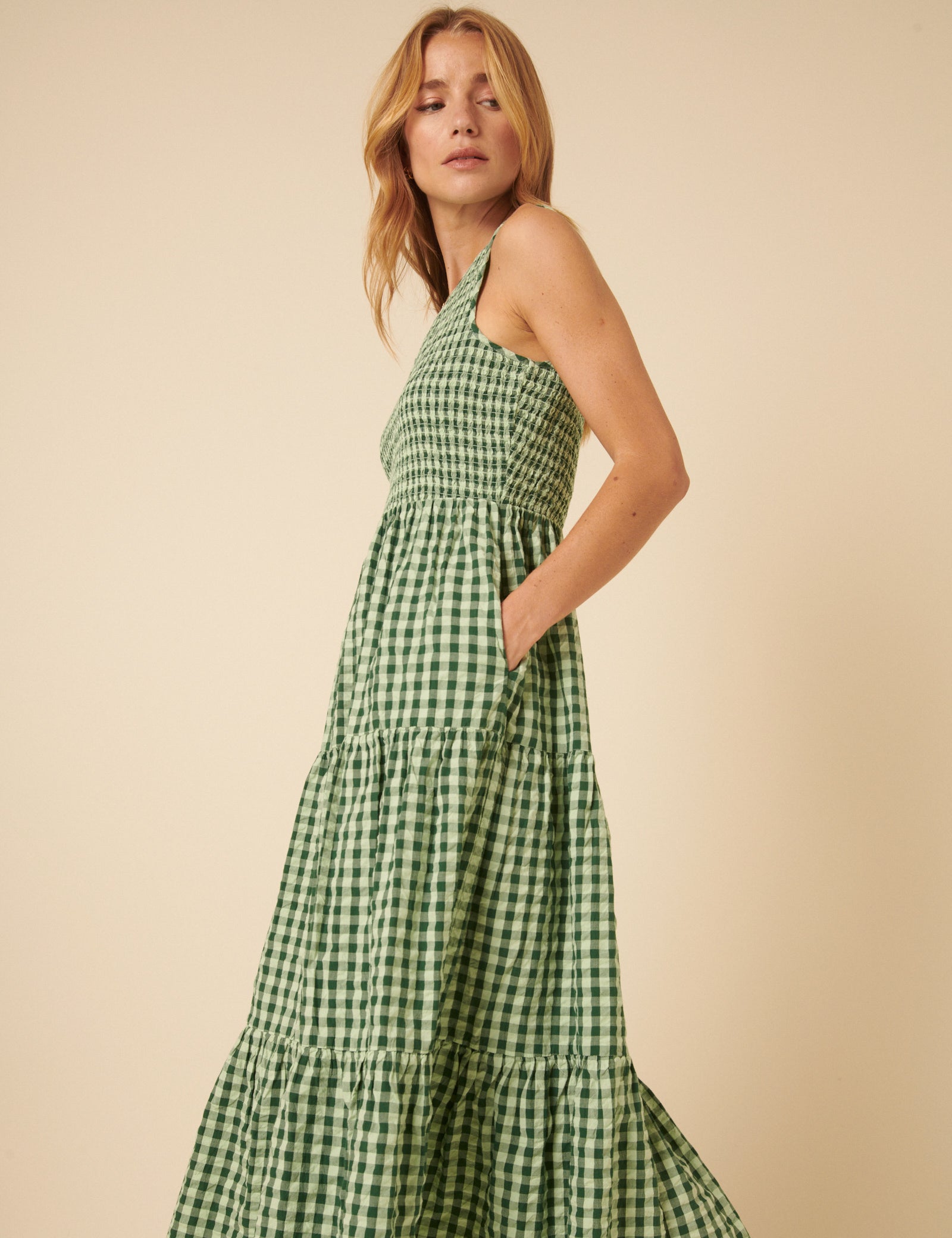 Green Gingham Sleeveless Tiered Charlie Midi Dress