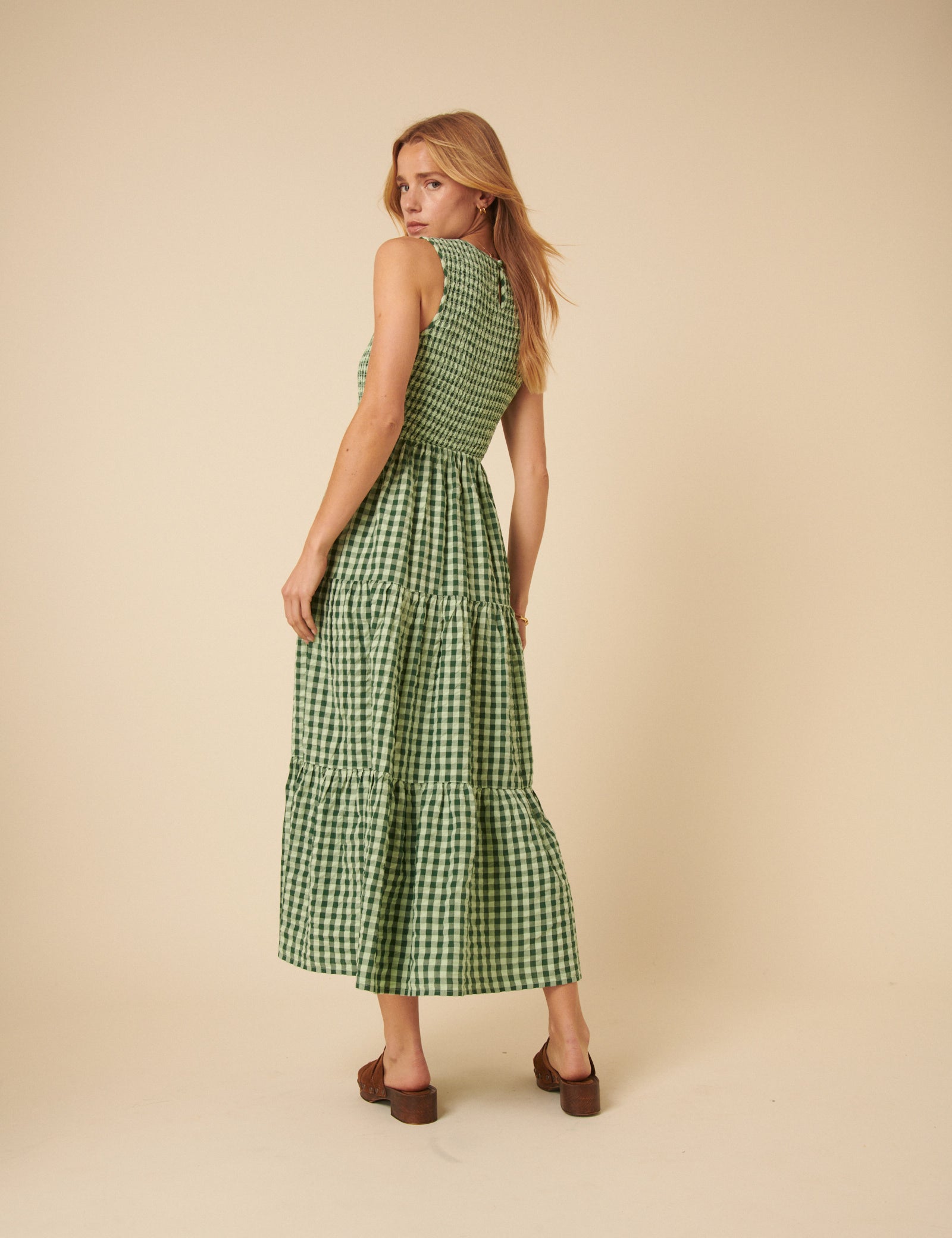 Green Gingham Sleeveless Tiered Charlie Midi Dress