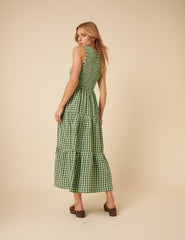 Green Gingham Sleeveless Tiered Charlie Midi Dress