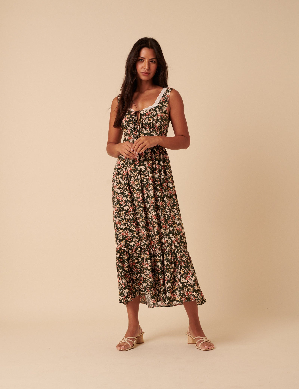 Green & Pink Floral Heather Midi Dress